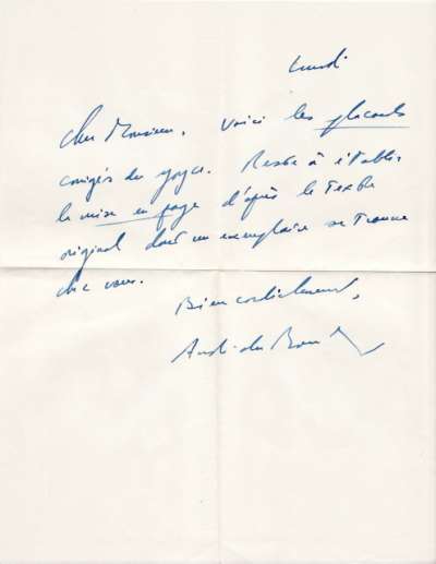 Lettre d'André du Bouchet à Louis Barnier à propos d'un texte sur Joyce