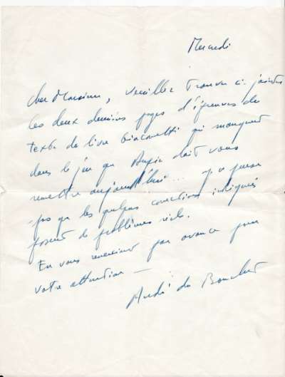 Lettre d'André du Bouchet à Louis Barnier pour l'illustration d'un texte de Dupin par Giacometti