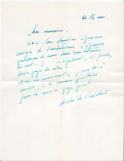 Lettre d'André du Bouchet à Louis Barnier à propos d'un texte sur Mandelstam, 16 mai