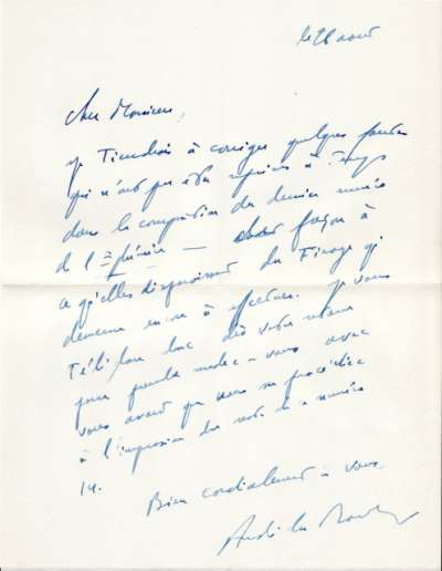 Lettre d'André du Bouchet à Louis Barnier, 28 août. L'Ephémère