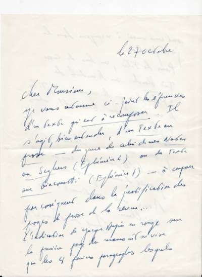 Lettre d'André du Bouchet à Louis Barnier, 27 octobre. L'Ephémère