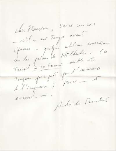 Lettre d'André du Bouchet à propos du texte L'Unique. S.D.