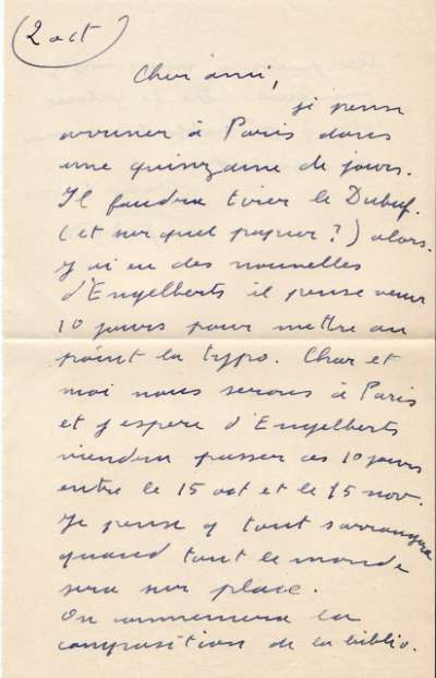 Lettre de PAB à Louis Barnier, 2 octobre 1962