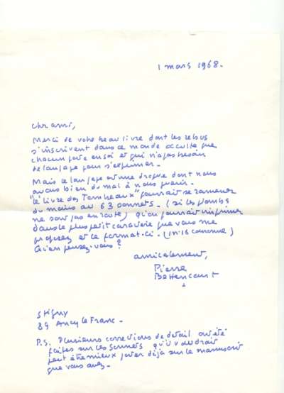 Le livre des tombeaux. Lettre de Pierre Bettencourt à Louis Barnier, 1er mars 1968