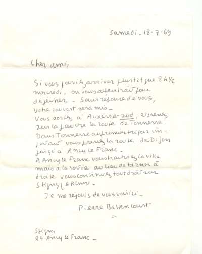 Lettre de Pierre Bettencourt à Louis Barnier, 18 juillet 1969