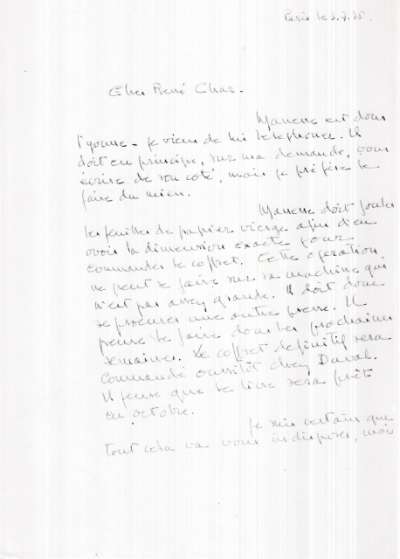 Lettre de Guy Weelen adressée à René Char. S.D.