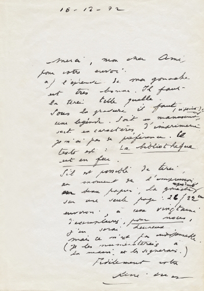 Lettre de René Char à Louis Barnier, 16 décembre 1972 à propos de La bibliothèque est en feu