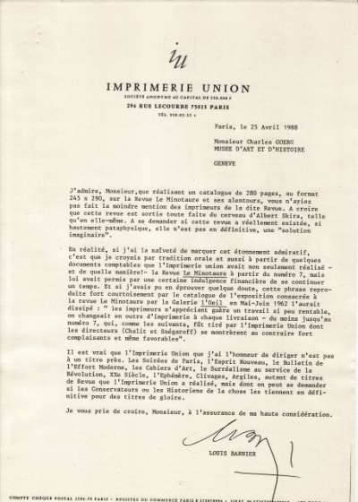 Lettre de Louis Barnier à Charles Goerg, Musée d'Art et d'Histoire de Genève, 25 avril 1988