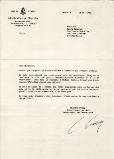 Lettre de Charles Goerg à Louis Barnier, 13 mai 1988