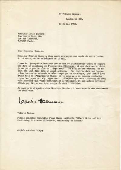 Lettre de Valérie Holman à Louis Barnier, 20 mai 1988