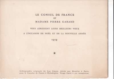 Voeux de bonne année 1959 du Consul de France et de Mme Pierre Gabard. Lithographie de Luc Simon. Edité par Mourlot. 20x17,5 cm. 1959