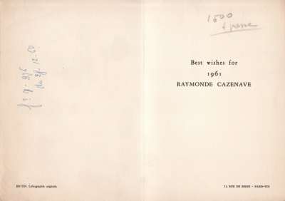 Voeux de bonne année 1961 de Cazenave. Lithographie originale de Bryen. 14,5x20,5 cm. 1961