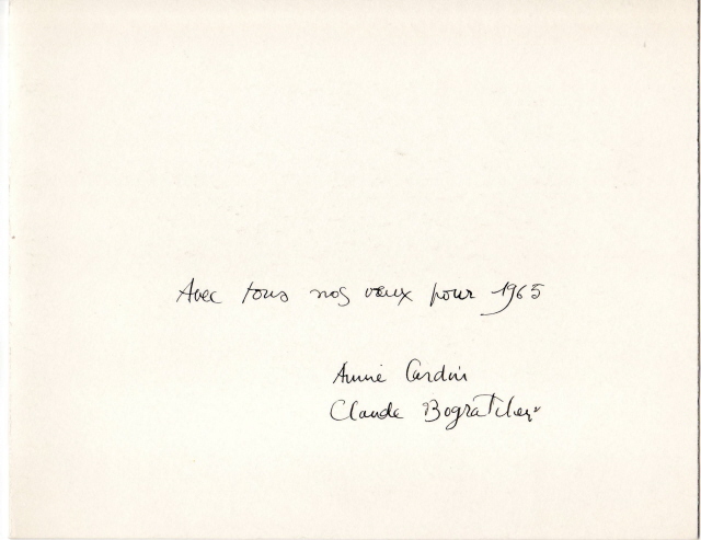 Voeux de bonne année 1965 signée Annie Cardin et Claude Bogratchew. Gravure Claude Bogratchew, Hommage à la campagne. 1965