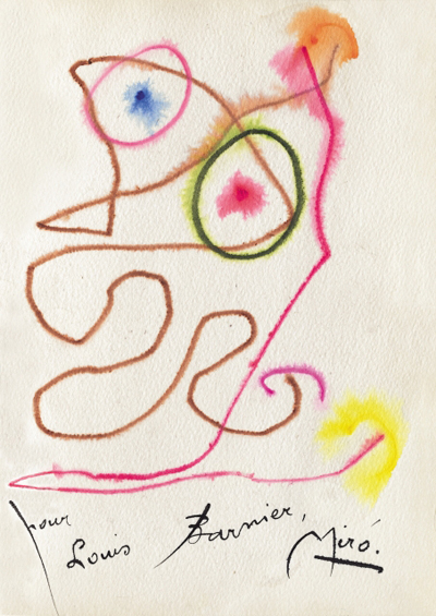 Aquarelle en couleurs pleine page signée et dédicacée par Miro à Louis Barnier. René Cazelles, La rame et la roue, Jean Hugues. 1960