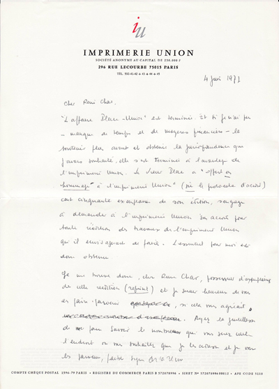 Affaire Jean-Michel Place - Imprimerie Union. Brouillon de lettre de Louis Barnier à René Char, 4 juin 1977