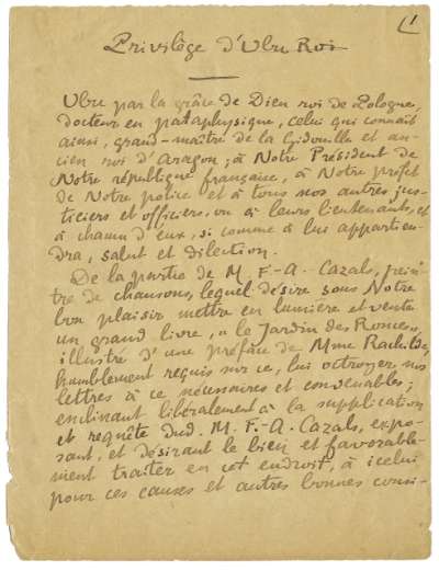 Alfred Jarry, Privilège d'Ubu roi. Manuscrit autographe. 1901