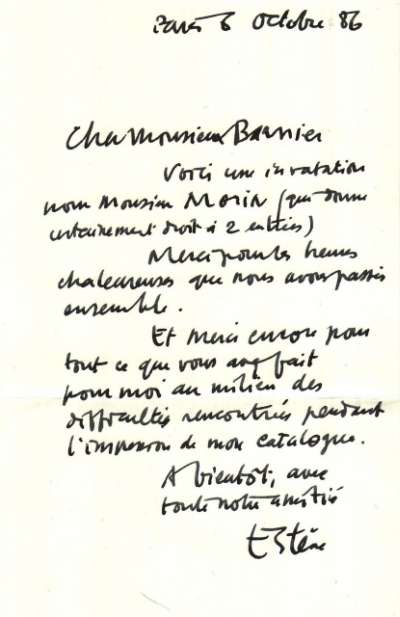 Lettre de Estève à Louis Barnier, 6 octobre 1986
