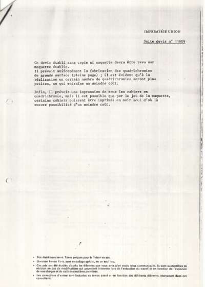 Devis de l'Imprimerie Union daté du 6 février 1989 adressée au Musée Estève de Bourges. Page 2. Catalogue de la Donation Monique et Maurice Estève au Musée Estève de Bourges