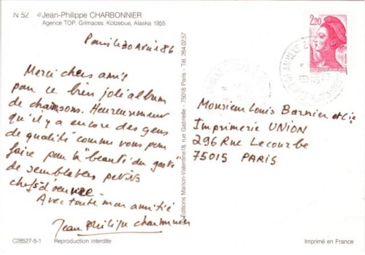 Carte de Jean-Philippe Charbonnier, 30 avril 1986