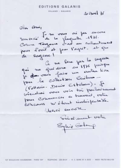 Lettre de Sylvie Galanis, 20 août 1976