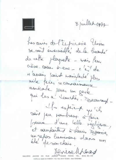 Lettre de Denise Renard à Louis Barnier, 8 juillet 1977