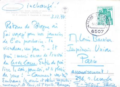Carte postale de François (Caradec?), 3 décembre 1977