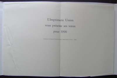 Carte de vœux de l'Imprimerie Union 1990. Création de Gérard Garouste. Une feuille pliée en 4. 100x32 cm. 22 p. 1990