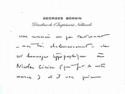 Carte de Georges Bonnin, Directeur de l'Imprimerie Nationale. S.D.