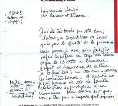 Lettre de Gérard Finel, AC.D Production, 9 septembre 1981