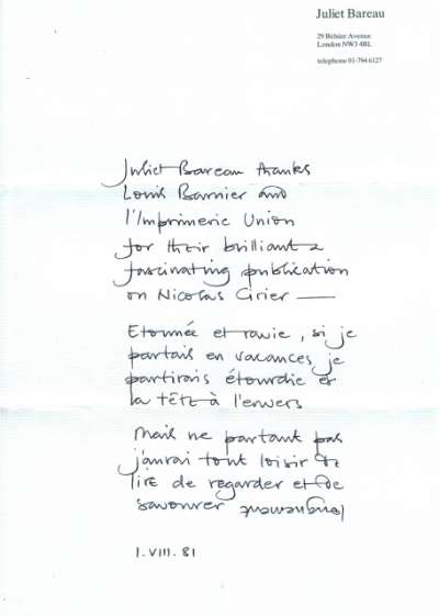 Lettre de Juliet Bareau, 1er juillet (1981)