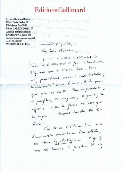 Lettre de Pascal Quignard, 8 juillet 1981