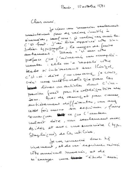 Lettre de Simone Balayé, 18 octobre 1981