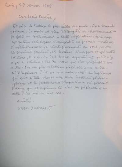 Lettre de Jean Dubuffet, 29 janvier 1985
