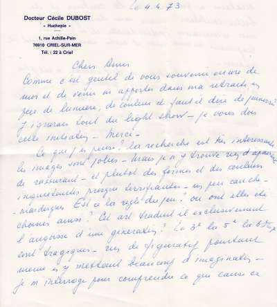 Lettre de Cécile Dubost, Docteur, 4 avril (1973)