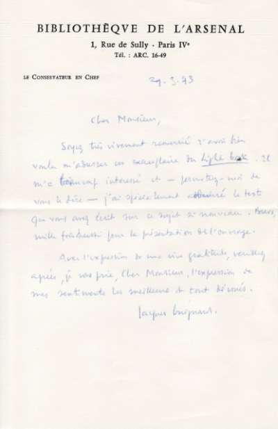 Lettre datée du 29 mars (1973) signée Jacques Guignard, Conservateur en Chef de la Bibliothèque de l'Arsenal