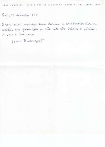 Lettre de Jean Dubuffet, 25 décembre 1960
