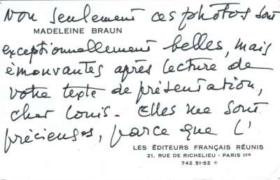 Carte signée Madeleine Braun. S.D.