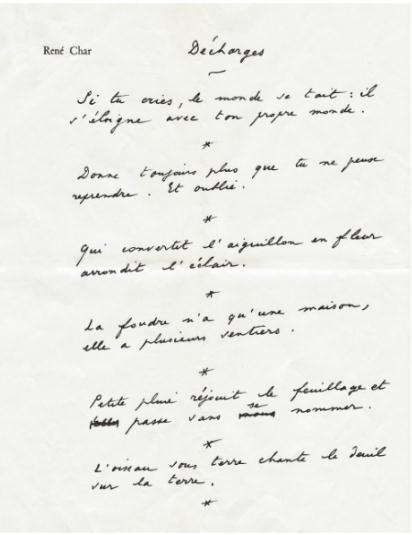 Page manuscrite de René Char du poème Décharges