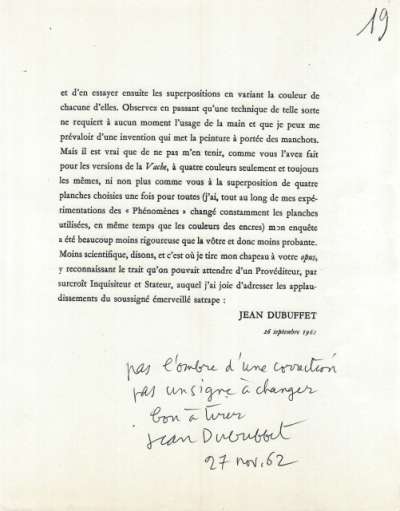 Bon à tirer de Jean Dubuffet, 27 novembre (1962)