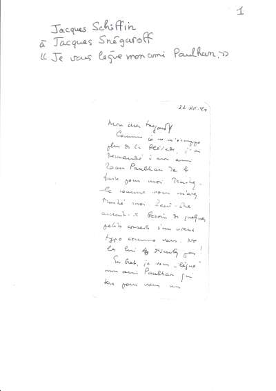 Lettre de Jacques Schiffrin, 22 décembre 1940. Archives Snégaroff